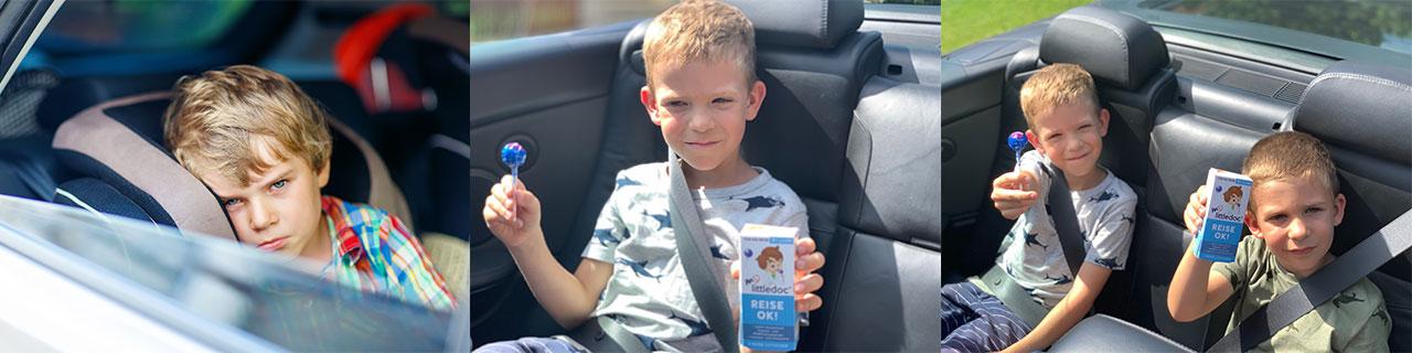 Kinder im Auto mit Reise-Lutscher