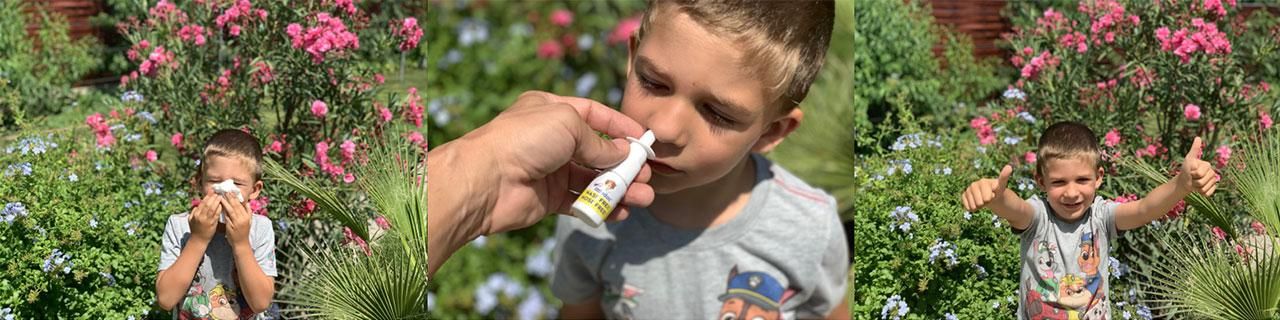 Jungen mit Allergie Nasenspray